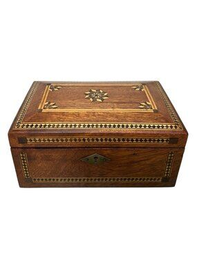 Antique Inlaid Wood Jewelry Box Intricate Marquetry  Parquetry Victorian 19th c